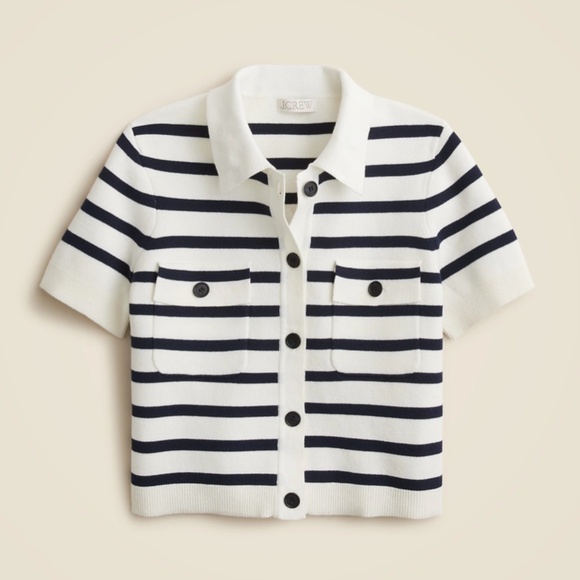 New JCREW Size M Collared Short-Sleeve Cardigan in Stripe Ivory Navy $118 CI633 - Picture 2 of 6
